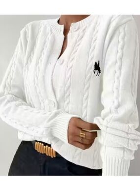White Cable Knit Cardigan Sweater – Button Front Preppy Classic